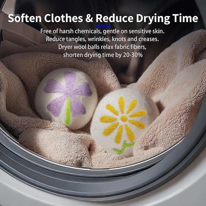 Wool Dryer Balls 6 Pack - 3 Inch XL, Dryer Balls Laundry Reusable with Unique Petal Embroidery, Natural Fabric Softener, Reduce Drying Time and Prevent Wrinkles