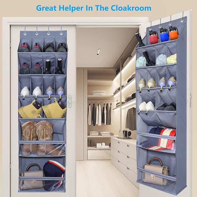 Over The Door Shoe Organizer with Large Deep Pockets Hanging Multifunction Shoe Holder for Narrow Door Dorm Closet, Grey 16 Pockets