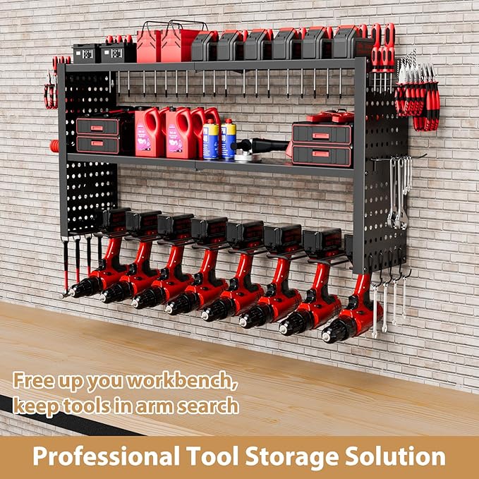 Power Tool Organizer Wall Mount, 3 Layer Heavy Duty Garage organizer Loads 260lbs, Tool Organizers with 8 Drill Hanger, Battery Tools Holder Garage Storage Organization for Workbench, Pegboard, Shed