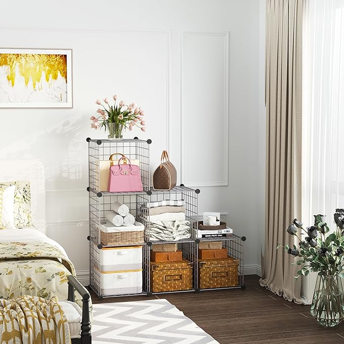 C&AHOME Wire Cube Storage, 6 - Cube Organizer Metal C Grids, Modular Shelves Units, Closet Organizer, Ideal for Home, Office, Living Room, 36.6”L x 12.4”W 36.6”H, Silver Gray UWCS3006G