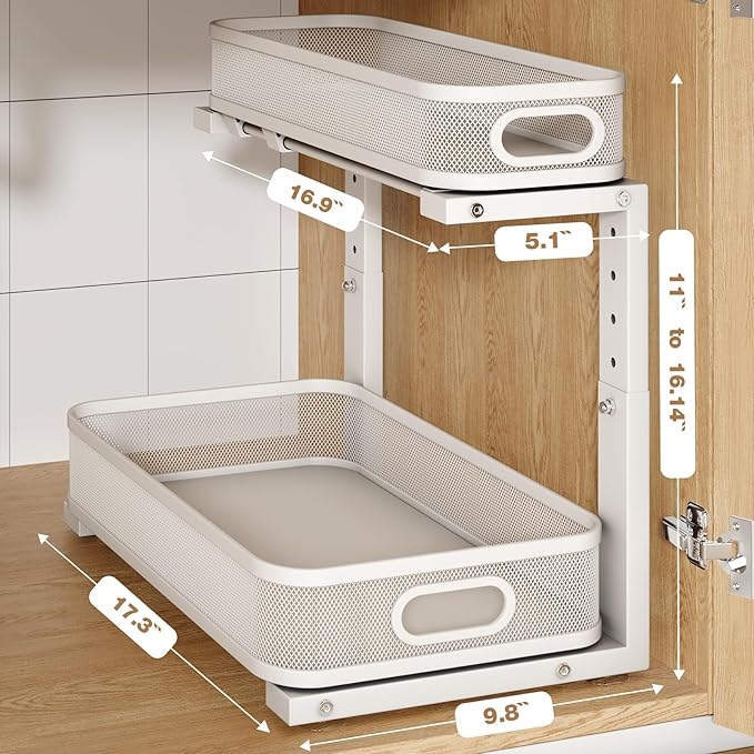 2 Pack 17.3IN-Depth Under Sink Organizer with Smooth Cylindrical Rail,2-Tier Pull Out Multi-Purpose Cabinet Storage for Bathroom&Kitchen,Height Adjustable,Rust-Resistant Coating-Gun Gray