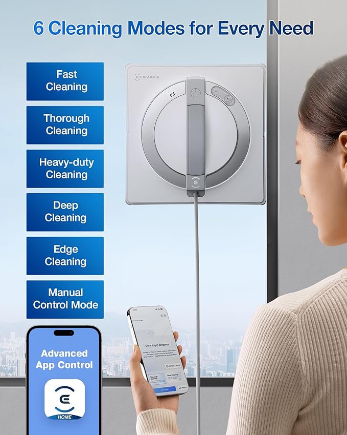 ECOVACS WINBOT W2 PRO Window Cleaning Robot, 3 Nozzles Water Sprayer, 10-Level Protection System, Win-SLAM 4.0 Path Planning, Steady-Climbing System, Edge Detection, App Control