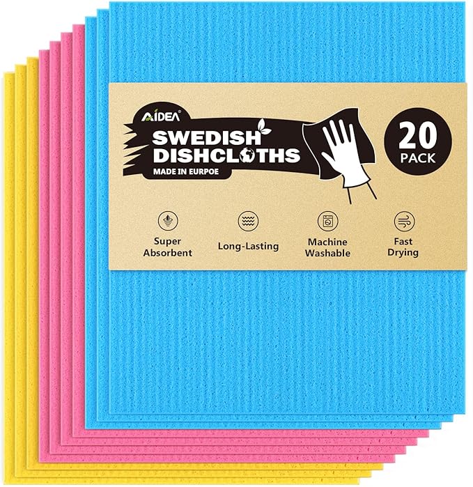 AIDEA Swedish Dishcloths for Kitchen, 20PK, Reusable Paper Towels, Kitchen Washcloths Dish Rags, Eco Friendly No Odor Reusable Cleaning Cloths, Cellulose Sponge Cloths, 7"×6"