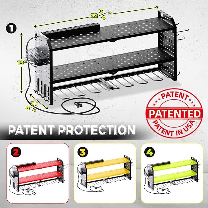 KAFAHOM Power Tool Organizer with Charging Station, Built in 8 Outlet Power Strip,Large 8 Drill Holder Wall Mount, Heavy Duty Metal Power Tool Storage Rack Tool Shelf for Garage Organization Black