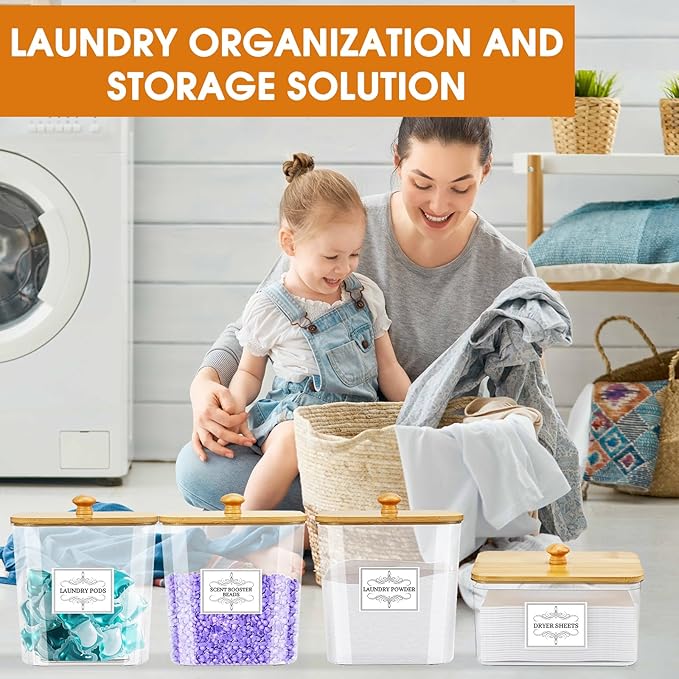 4PCS Laundry Pods Container, Clear Laundry Room Organization and Storage with Bamboo Lids, 3 Premium Scoops & Labels – Ideal for Scent Booster Beads, Dryer Balls, Sheets & Powder (6'')