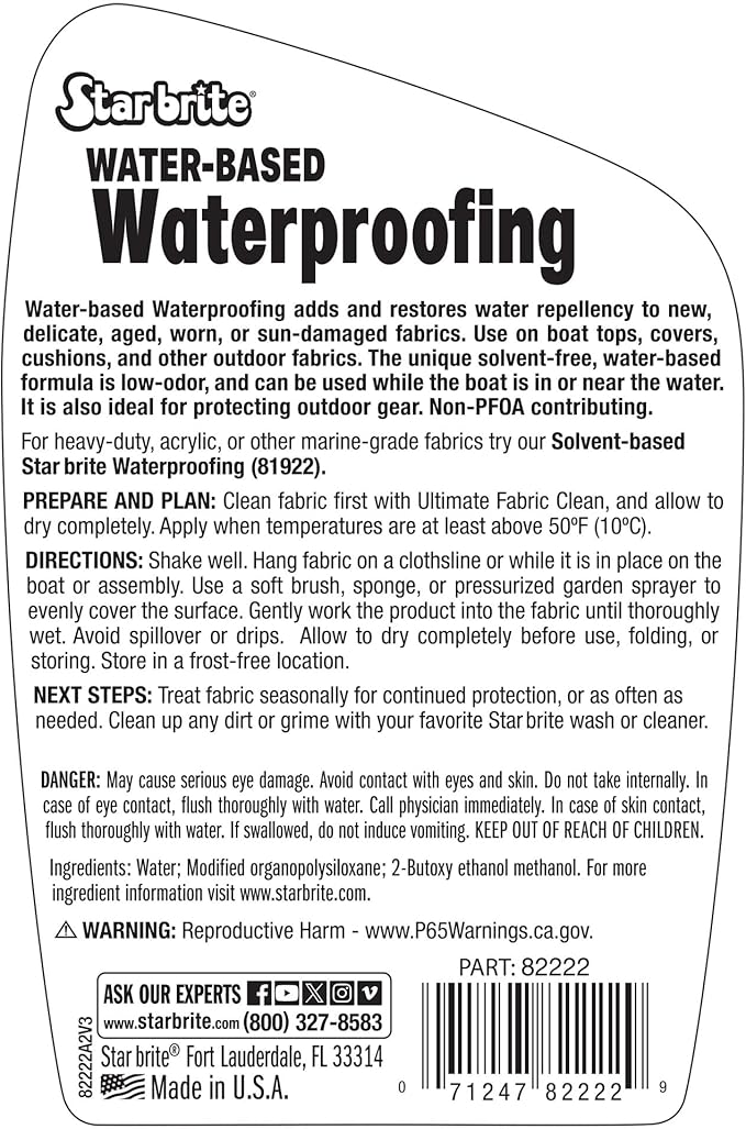 STAR BRITE Low-Odor Water-Based Waterproofing - Adds And Restores Water-Repellency And UV Protection To New, Delicate, Aged, Worn Or Sun-Damaged Fabrics