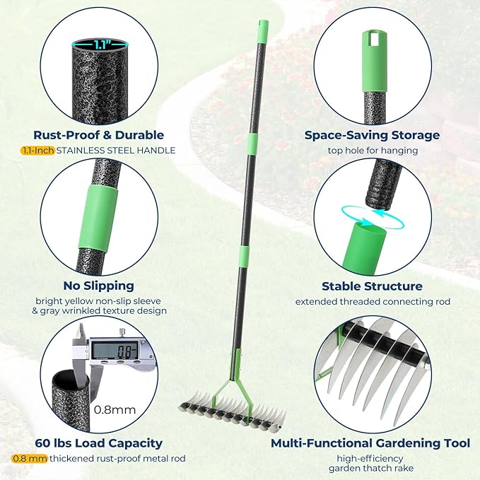 Thatch Rake & Garden Rake 70" – 13" Narrow Dual-Sided Sharp Steel Tines, Adjustable Handle, Lightweight & Reversible Head for Precision Lawn Care, Debris Removal and Soil Leveling