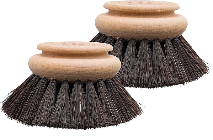Redecker Horsehair Replacement Head for Dish Brush, 2-inch, Set of 2, 100% Natural and Soft Dark Horsehair and Untreated Beechwood, Made in Germany