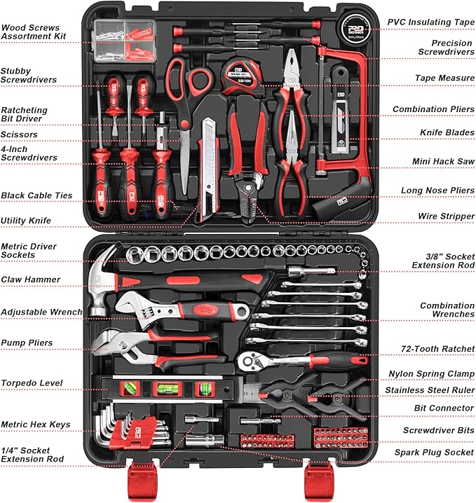 Prostormer 259-Piece Tool Kit, General Household Hand Tool Set with Plastic Storage Toolbox, Portable Complete Repair Tool Box for Home and Car (Red)