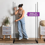 HOLDN’ STORAGE Portable Wardrobe Closet - 50 lb Capacity, Internal Heavy Duty Metal Rod, Zipper & Clear Window, Durable Clothes Organizer, Tool-Free Easy Assembly, Beige Canvas Cover