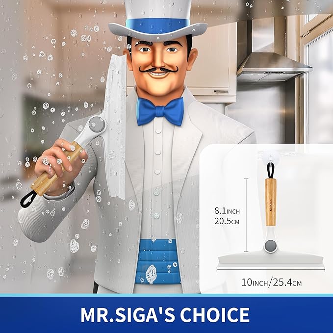 MR.SIGA All Purpose Silicone Squeegee for Shower Door, Mirror, Glass, Streak Free Shower Squeegee, Pivoting Bamboo Handle, Includes 1 Suction Hook, 10 inch Wide, 1 Pack