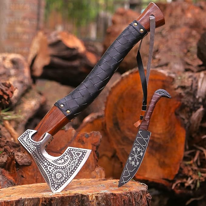 Viking Axe with Gift Vikings Knife Sheath | HandForged Carbon Steel Camping Axes and Hatchets Viking Gifts for Men | Bearded Vikings Valhalla Axe (Ax-64)