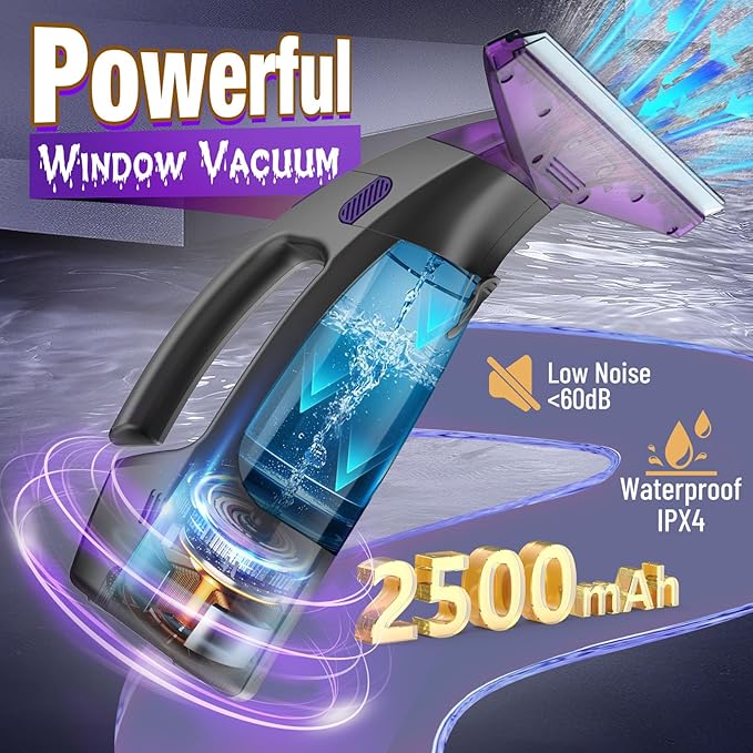 2000Pa and 2500mAh Electric Window Cleaner Tool with Gloves and 2 Cleaning Cloth, Window Vacuum Squeegee Cordless with 360ml Spray Bottle & 100ml Water Tank for Window, Mirror, Countertop, Tile