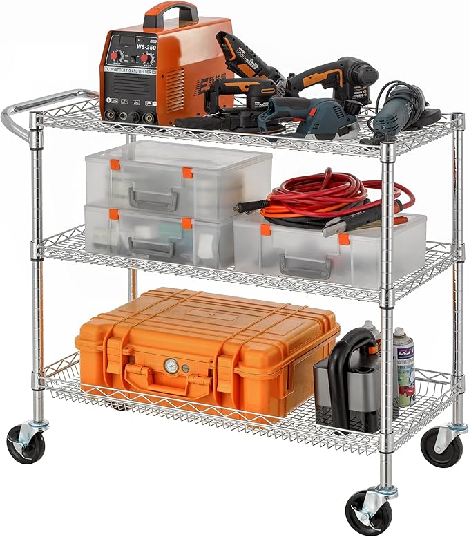 Finnhomy 3 Tier Heavy Duty Commercial Grade Utility Cart, Wire Rolling Cart with Pushing Handle Bar, Steel Metal Kitchen Service Trolly with Wheels, Shelf Size 18" D x 36" W, NSF, Chrome