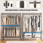 BATHWA Rolling Garment Rack Portable Closet Clothes Rack for Hanging Clothes, Metal Wardrobe Clothing Rack with Wheels and 8 Side Hooks, Double Rods, Adjustable Shelves, Gray