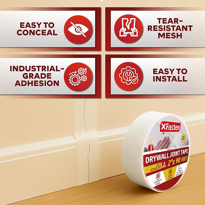 XFasten Drywall Repair Mesh Tape - 2-Inches x 90-Foot, Pack of 3, for Patching Holes and Cracks, Wall Repair Fiberglass Joint Tape, Spackle Tape