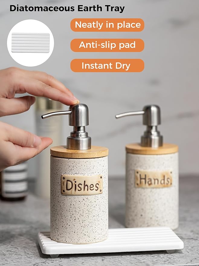 Kitchen Soap Dispenser Set, Ceramic Hand and Dish Soap Dispenser Set with Tray Collapsible Funnel, Hand Soap and Lotion Dispenser for Bathroom, White Bathroom Accessories