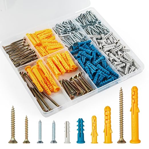 Dry Wall Anchor and Screw Combo Set 280 Pieces, 140 Plastic Wall Anchors and 140 Phillips Pan Head Screws, 5 Sizes Galvanized Screws and Wall Plug Bolts with Storage Case