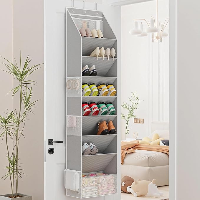 Over The Door Shoe Organizer - Shoe Rack with 8 Tiers, Sturdy Oxford Fabric Storage for Closet, Entryway, Dorm Room, Bedroom, Space Saving Holder for All Types Over The Door Organizer(Grey)