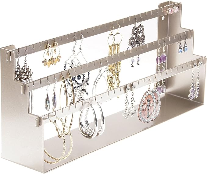 Angelynn's Freestanding or Wall Mounted Earring Holder Organizer for Small and Medium Post Stud Dangle Pierced Earrings, Hanging Closet Jewelry Storage Rack, Daelyn Satin Nickel Silver 6" x14 1/2"