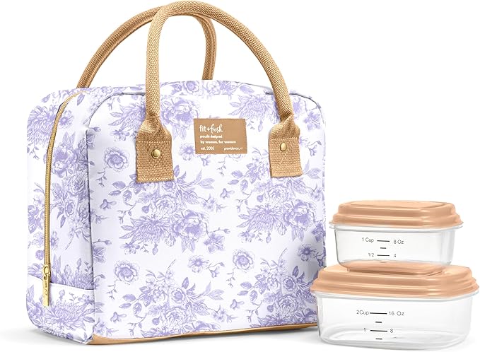 Fit & Fresh Bloomington Lunch Bag for Women - Insulated Large Lunch Box for Work with Containers, Leak-Resistant, Stain-Resistant, Zipper Closure, Lavender Toile
