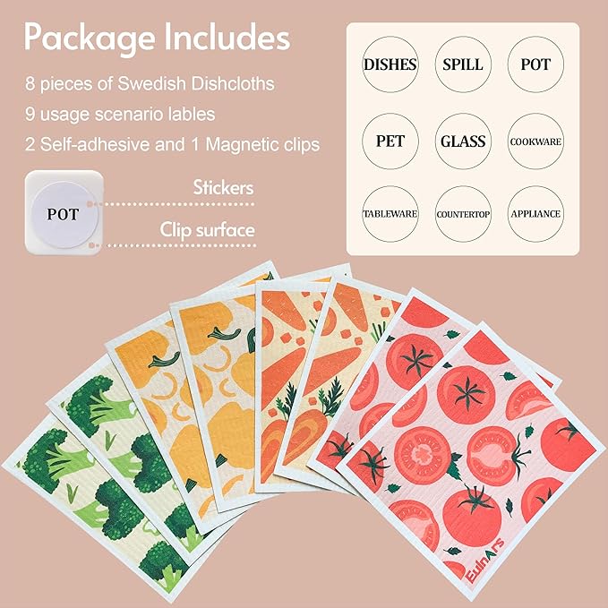 Reusable Paper Towels, Swedish Dishcloths for Kitchen 8-Pack, Non-Scratch Swedish Dish Towels, Super Absorbent Cellulose Dish Cloths, No Odor Dish Rags