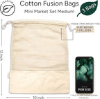 LEAFICO Reusable Produce Bags – 100% Cotton Mesh & Solid Hybrid (Medium 10x12 inch 3 Pcs) – Grocery Storage Bags for Fruit, Vegetables, Bulk Food – Washable, Plastic-Free, Breathable, Zero Waste