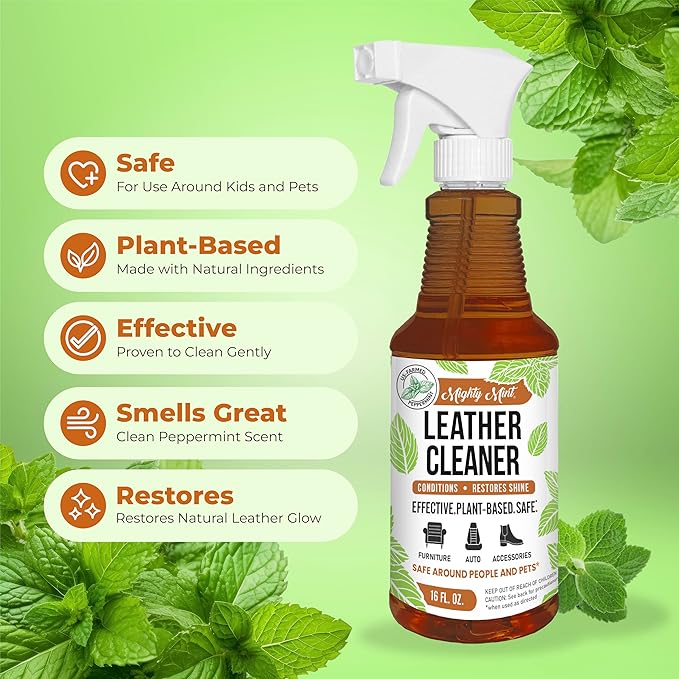 Mighty Mint Leather Cleaner and Conditioner, Plant-Based, Hydrating Spray to Clean and Protect Leather Items, Natural Peppermint Scent, 16oz