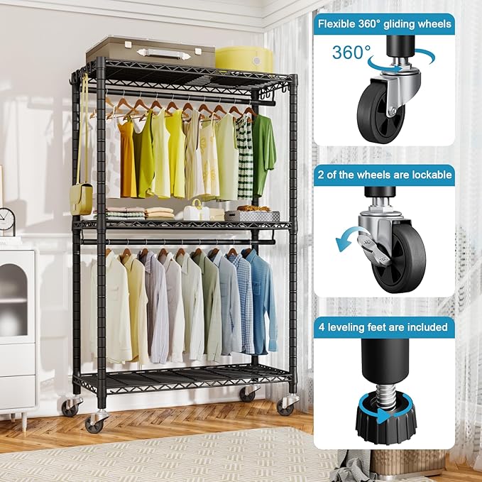 P3 Rolling Clothes Rack, Clothing Racks for Hanging Clothes, Heavy Duty Garment Rack with Wheels, Freestanding Portable Closet Organizer 39.4''W x 14''D x 78.5''H, Max Load 464 LBS, Black