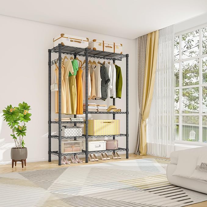 Heavy Duty Garment Rack, Metal Freestanding Closet Wardrobe Clothes Racks for Hanging Clothes, 4 Tiers Adjustable Wire Shelving, 44.9'' L x 16.5'' W x 76.8 '' H, Max Load 850LBS, Black