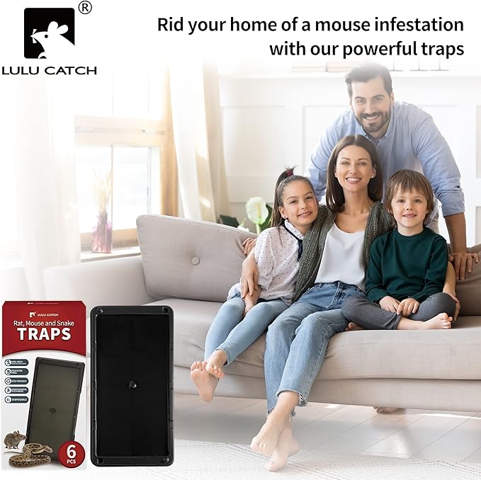 LULUCATCH Super Glue Traps 6 Pack for Mice & Snakes, Larger, Heavier Sticky Traps with Non-Toxic Glue. Sticky Mouse Traps Indoor, Easy to Set, Pet Safe Pest Control