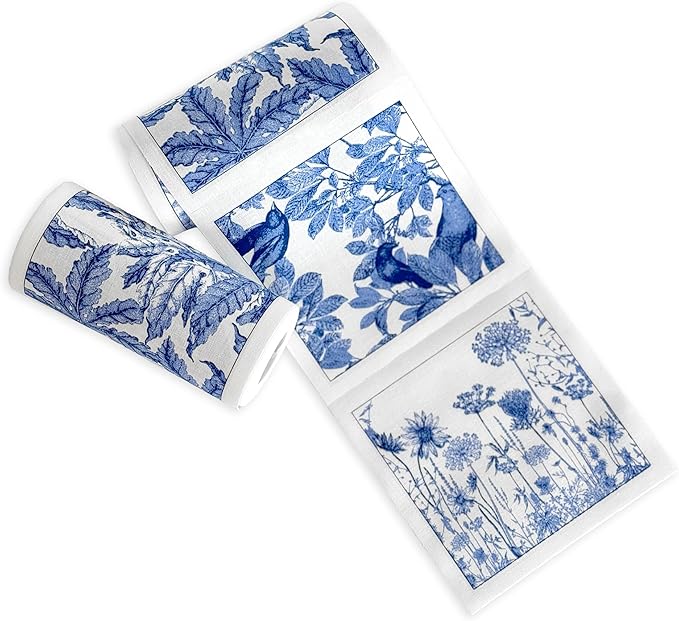 Botanicals Cocktail Napkin Roll of 50 | 100% Cotton Quick Dry Reusable | Perfect for Home, Dining, Birthday, Gifts | Blue and White, 4.5W X 4.5L