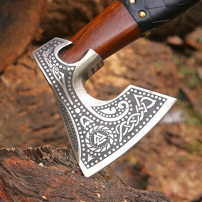 Viking Axe with Gift Vikings Knife Sheath | HandForged Carbon Steel Camping Axes and Hatchets Viking Gifts for Men | Bearded Vikings Valhalla Axe (Ax-64)