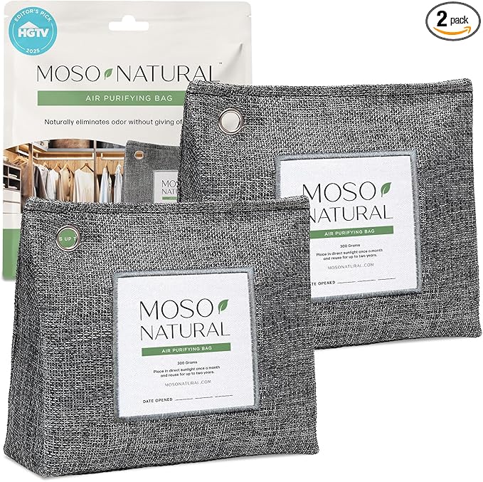 Moso Natural Air Purifying Bag 300g (10.58oz) Premium Bamboo Charcoal Odor Absorber for Home & Pet, Closet Odor Eliminator & Small Room Deodorizer, Unscented Charcoal Bags Last 2 Years (2 Pack)