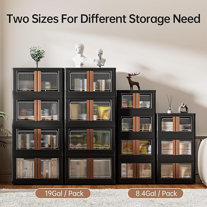 HAIXIN Storage Bins with 6 Lids - 8.4 Gal Closet Cabinet 6 Pack Plastic Stackable Organizers with Front Opening Door Black Foldable Storage Box for Home Garage Office Craft