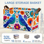 Colorful Bird Flowers Collapsible Storage Box,Mexican Style Organizer Bin with Handles for Room Decoration,Bins Book Basket Box 17x11.5x10Inch