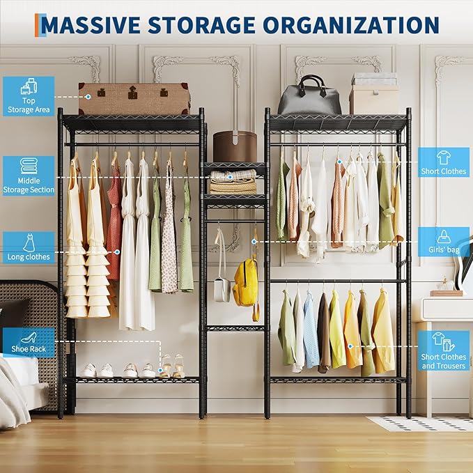 Heavy Duty Clothes Rack, Clothing Racks for Hanging Clothes, Freestanding Garment Racks with Shelves, Adjustable Closet Racks, 73.6" L x 17.3" W x 76.4" H, Max Load 1000LBS, Black