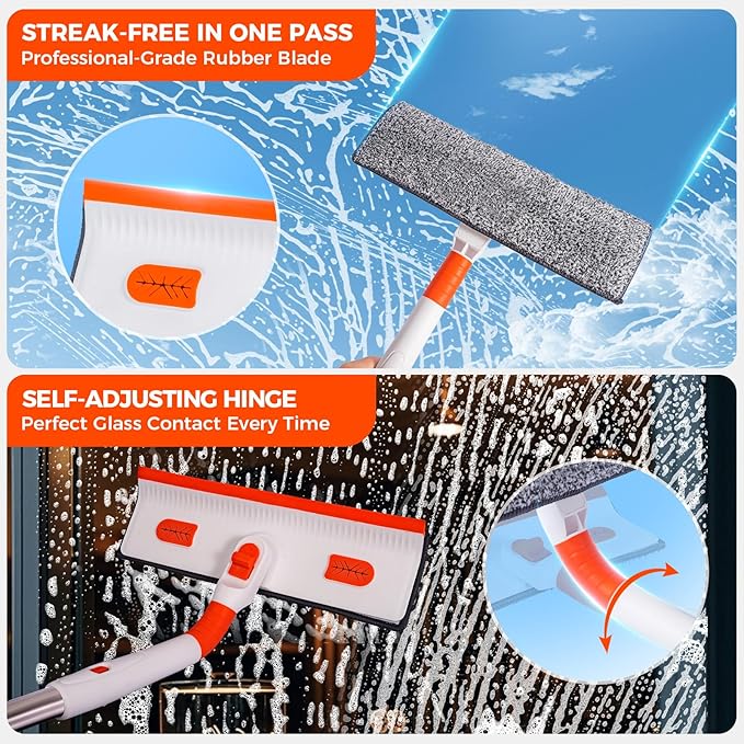 Professional Window Squeegee 2-in-1, Window Cleaner with 55" Extension Pole, Premium Squeegee for Window Cleaning, Streak-Free Window Cleaning Kit for High Windows, Shower Glass, Car Windshield