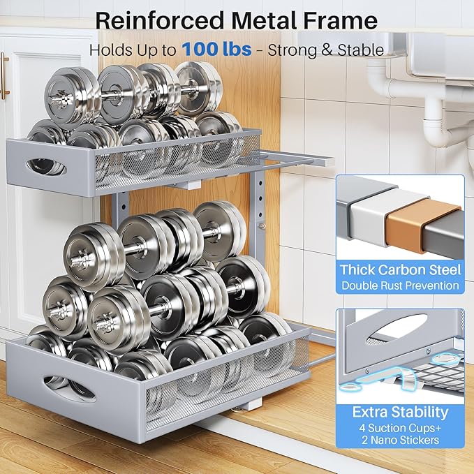 Under Sink Organizer, 2 Pack 2 Tier Pull Out Under Cabinet Organizer Shelf with Pad for Framed Cabinets, Metal Slide Out Under Sink Storage, Mesh Sliding Drawers for Kitchen Bathroom Laundry, Grey