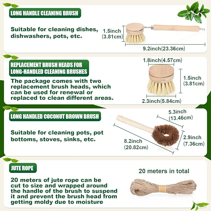 8 Pcs Bamboo Dish Brush Dish Washing Scrub Bottle Brush Wooden Palm Pot Brush Cleaning Scrubbers with Natural Sisal Bristles Long Handle for Pots Pans, Bottle, Sink, Vegetables, Household Cleaning