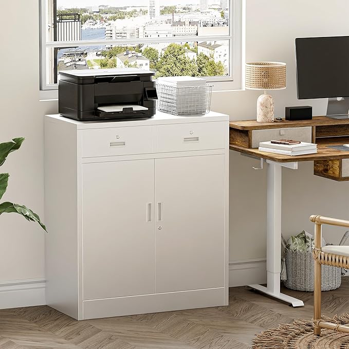 Metal Storage Cabinet with 2 Drawers 36" H,White Metal Garage Cabinets with 2 Lockable Doors and Adjustable Shelves Easy to Assemble for Home Office, Kitchen,Pantry,Garage,Warehouse