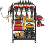 Power Tool Organizer Cart with Charging Station, Garage Floor Rolling Storage for 6 Mobile Drill, Mechanic, Power Tool Box Utility Cart with Battery Charging, Black, Gift for Men, Father
