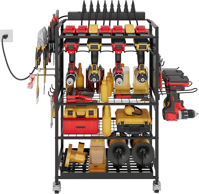 Power Tool Organizer Cart with Charging Station, Garage Floor Rolling Storage for 6 Mobile Drill, Mechanic, Power Tool Box Utility Cart with Battery Charging, Black, Gift for Men, Father