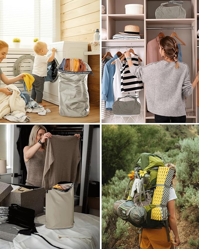 Travel Laundry Bag, Pump Free Vacuum Storage Bag Reusable Compression Dirty Clothes Travel Bag Waterproof Wet Dry Bags Large Capacity Space Saver Bags Camp Clothes Organizer (1 Pcs)(Gray, L)