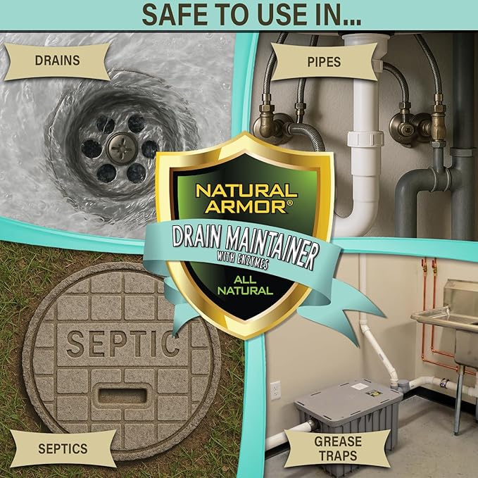 Natural Armor Enzyme Drain Maintainer - Gallon Drain Cleaner with Natural Enzyme Power to Prevent Buildup & Odors - Safe for Sinks, Showers, Grease Traps & Septic - Non-Toxic Formula, 128 fl oz