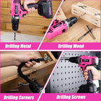 20V Pink Cordless Drill Set - Power Drill/Driver Kit with Drill Brush, Bit Set, 3/8" Keyless Chuck, 2 Variable Speed, 25+1 Torque Setting, Battery and Charger Included, Electric Drill for Home