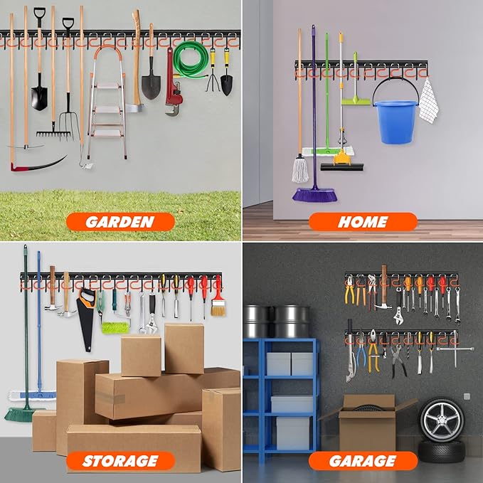 17'' All Metal Garden Tool Organizer Adjustable Garage Tool Organizer Wall Mount Garage Organizers and Storage with Heavy Duty Hooks Tool Hangers for Garage Wall, Shed, Garden