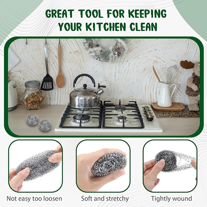 Yinkin 100 Pieces Stainless Steel Scrubber Bulk Steel Wool Scrubber Metal Sponge Wire Scouring Pad Heavy Duty Clean Dish Pot Pan and Oven for Kitchen, Bathrooms, and More