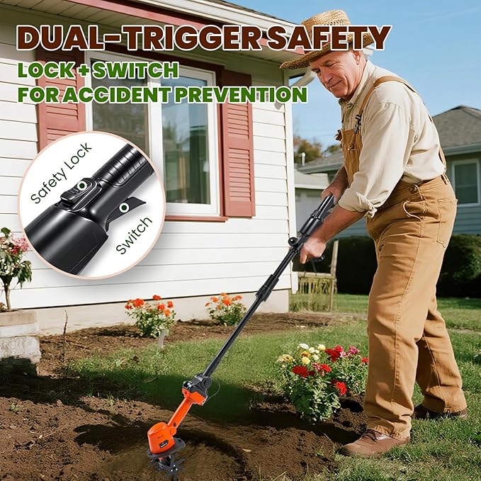 NEWTRY Cordless Electric Tiller Handheld & Extended Rod Dual Modes, 4'' Tilling Depth & Width, with 2x1500mAh Batteries for Small Scale Garden, Raised Beds