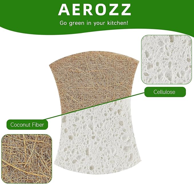 10 Pack Biodegradable Natural Sponges Kitchen - Compostable Cellulose and Coconut Walnut Scrubber Sponge - Non Scratch Eco Friendly Quick Drying Sponges for Dishes